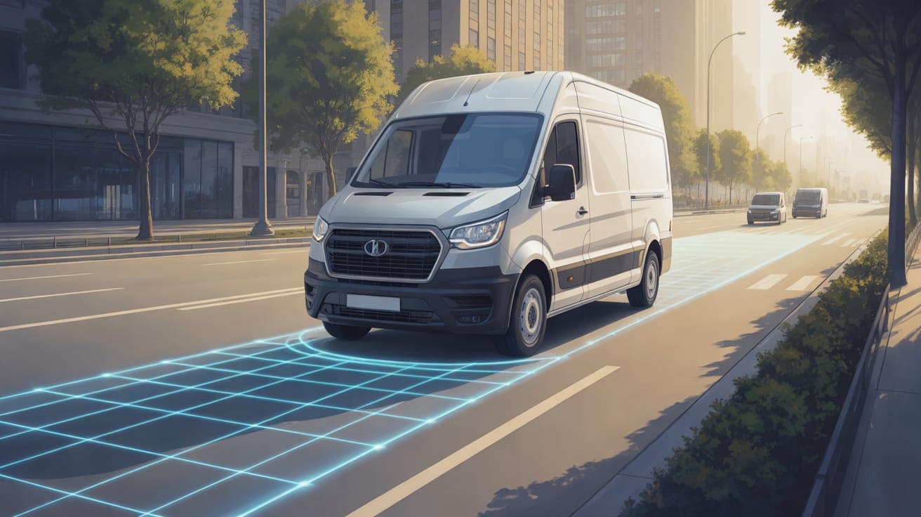 An illustration of a modern white commercial cargo van driving on a sunlit, clean city street